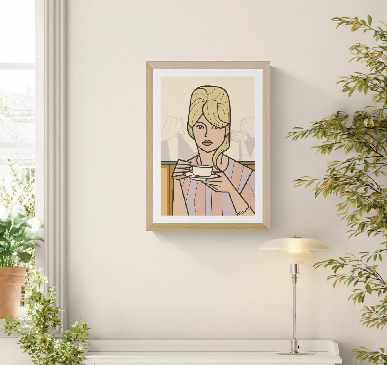 A3 art print “Dreaming of…” by Floor 4 Productions, minimal café scene with soft tones, calm contemporary wall art for modern interiors.