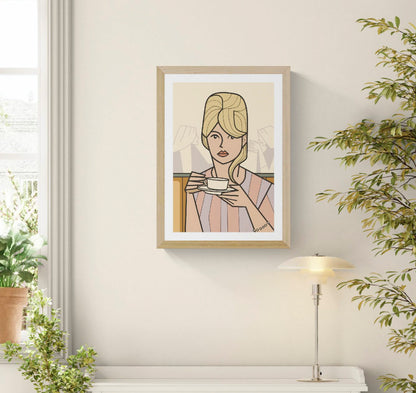 A3 art print “Dreaming of…” by Floor 4 Productions, minimal café scene with soft tones, calm contemporary wall art for modern interiors.