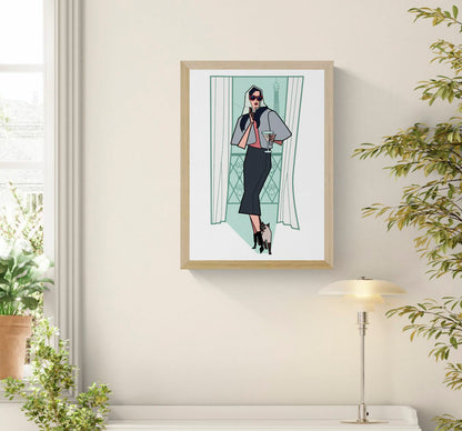Illustration of a stylish woman in sunglasses holding a cocktail on a Paris balcony with the Eiffel Tower behind her, accompanied by a Siamese cat at her feet; modern geometric style, soft pastel tones, A4/A3 art print by Floor 4 Productions; perfect for chic home décor and contemporary wall art.