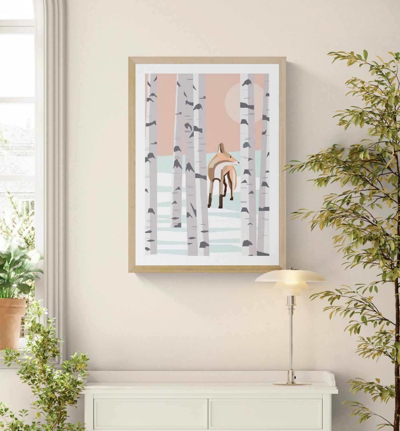 Vertical digital art print showing a geometric fox standing among tall white birch trees in a snowy forest, with peach, pale blue and grey tones, designed as modern nature wall art.