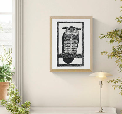 Black-and-white portrait of a horned owl perched on a branch, created in Samuel Jessurun de Mesquita’s detailed woodcut style. Vertical wall art for an office, library, bedroom, or monochrome interior.