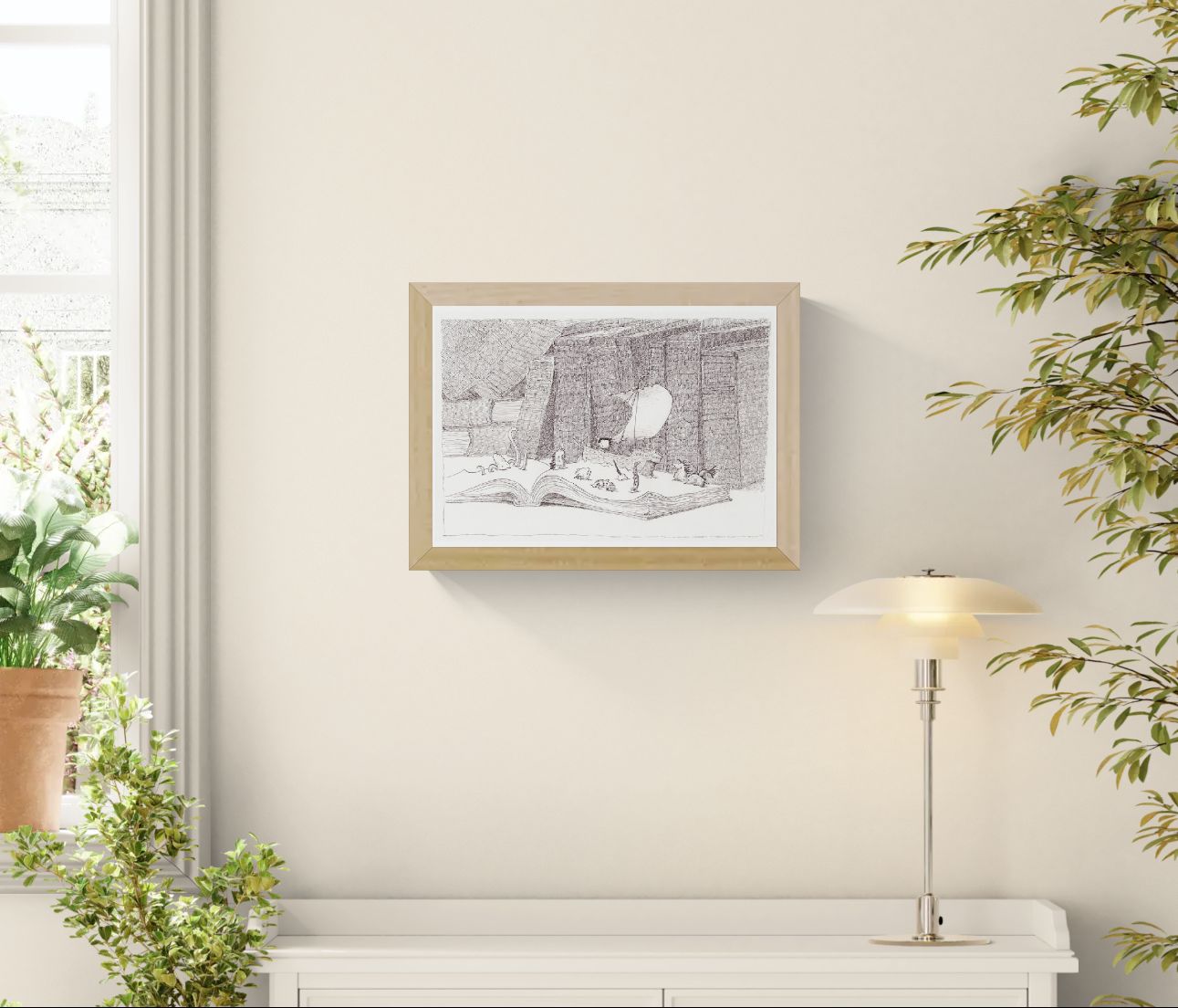 Detailed monochrome illustration titled Vessel by Willy Leung featuring a paper sailboat floating across the pages of an open book surrounded by towering library books, tiny creatures, and intricate pen-drawn textures. Literary surreal art print available in A4 and 30 x 40 cm.