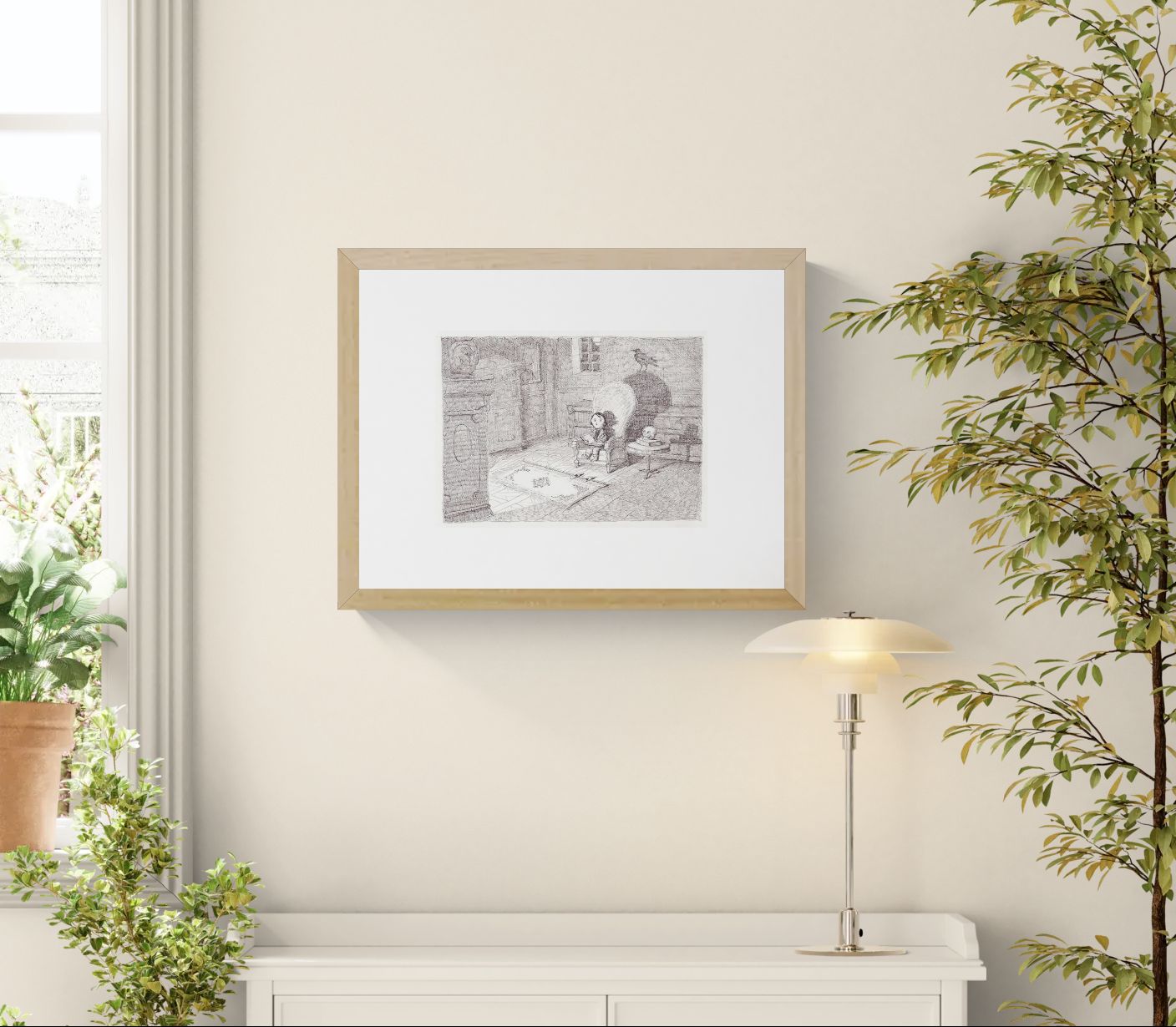 Atmospheric gothic illustration by Willy Leung featuring a solitary girl seated in a shadowy interior with a raven perched behind her, rendered in detailed graphite pencil textures as a 30 x 40 cm giclée art print.