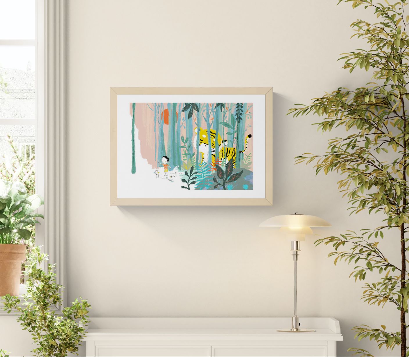 Child standing in a pastel forest facing a large yellow tiger behind tall trees, illustrated by Willy Leung in a soft poetic style with teal foliage and dreamlike colors.