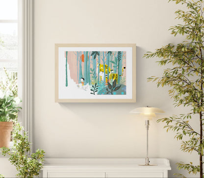 Child standing in a pastel forest facing a large yellow tiger behind tall trees, illustrated by Willy Leung in a soft poetic style with teal foliage and dreamlike colors.