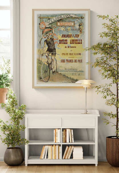 Vintage Velodrome d’Anvers digital art print showing a Belgian cyclist with his bicycle in muted blue, yellow and red tones, in portrait format for cycling-themed wall decor.