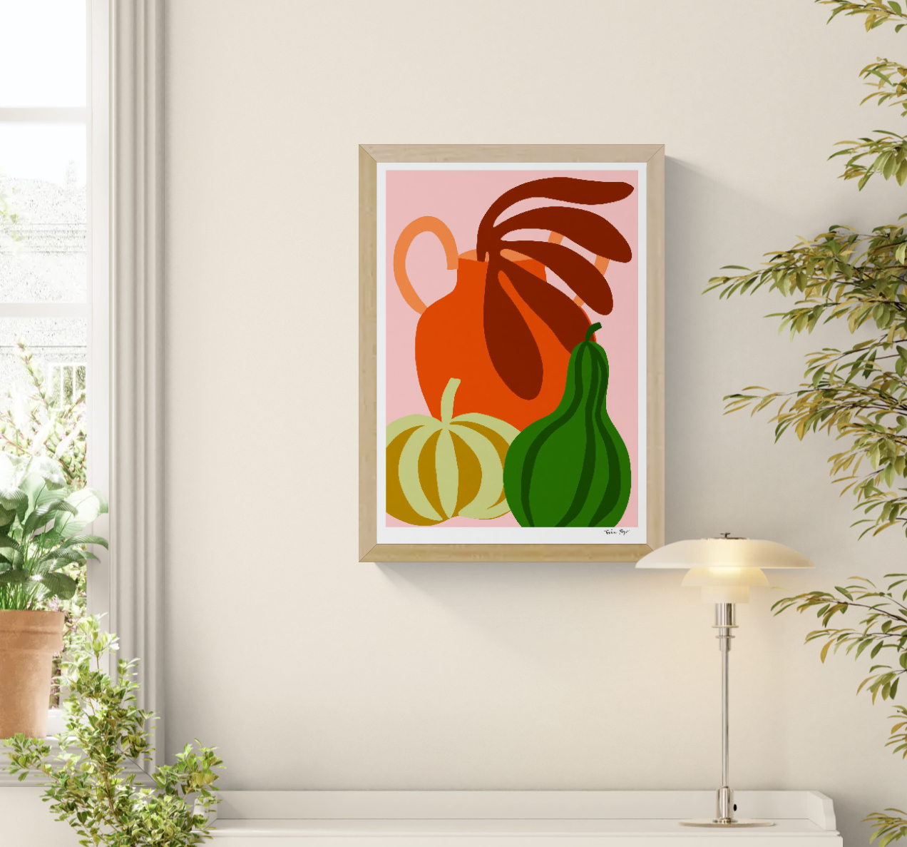 Colorful still life illustration of green pumpkin, orange jug, and gourd by Teresa Rego – modern A3 art print on 300g Munken paper, perfect for kitchen or home decor