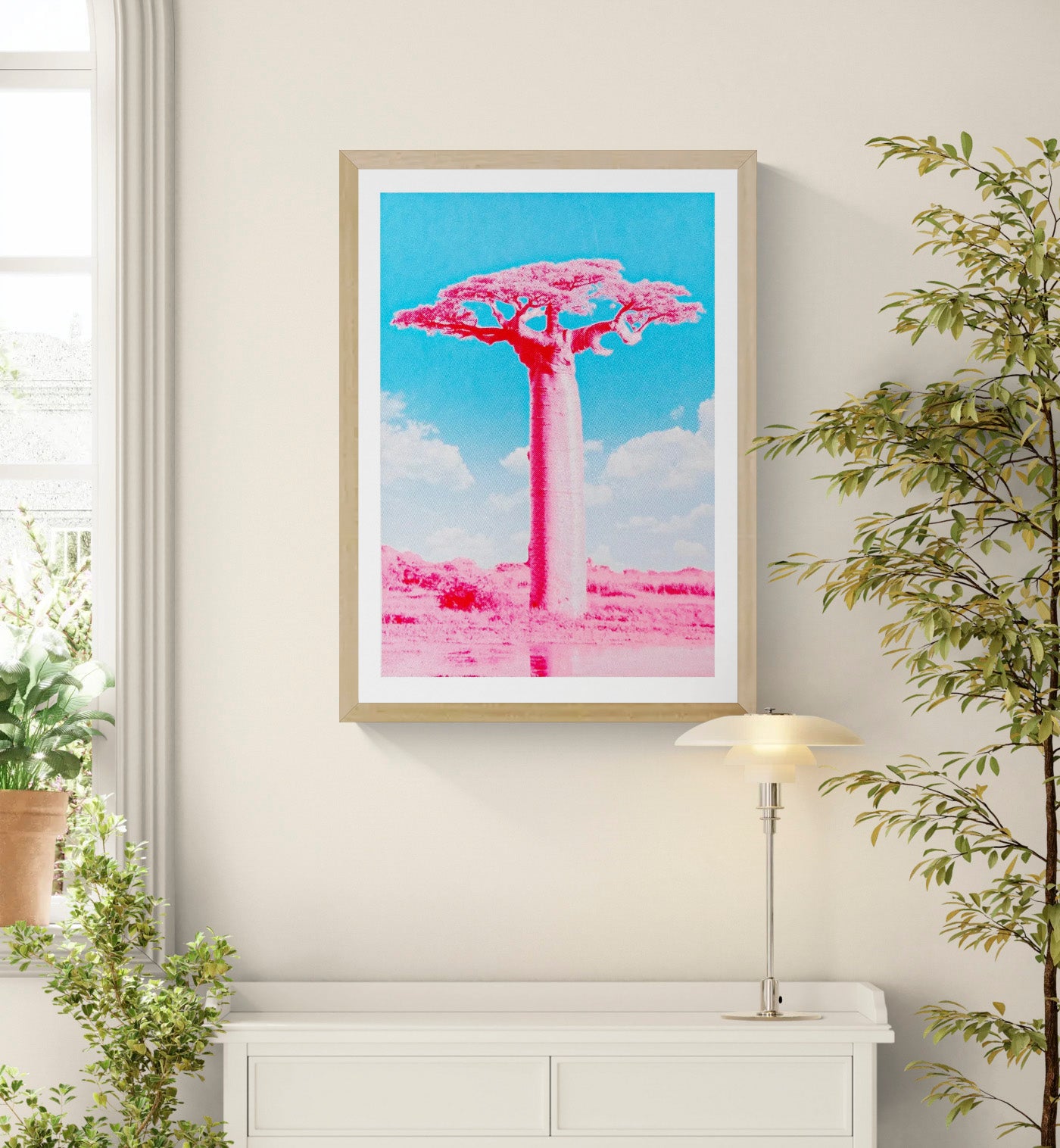 Fluor pink and blue silkscreen art print of a Baobab tree by PTRVRKD, modern handmade A2 screen print on 250 gsm paper, limited edition of 25.
