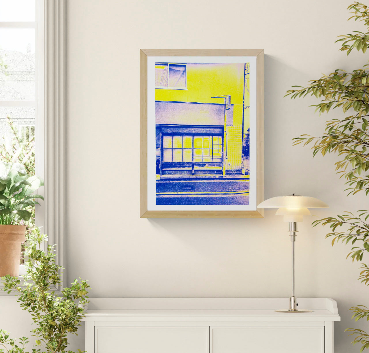 Minimalist Kyoto house front risograph print in neon yellow and purple, Japanese architecture wall art by PTRVRKD