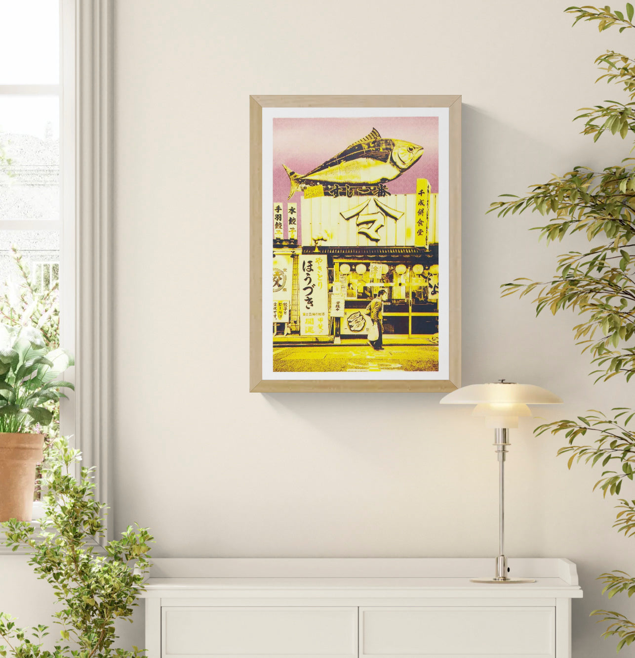 Japanese risograph art print of a red and yellow fish storefront scene by PTRVRKD, A3 limited edition wall art, vibrant neon Japanese street illustration, modern Japan-inspired risograph poster for home decor, contemporary Asian urban artwork Netherlands artist.