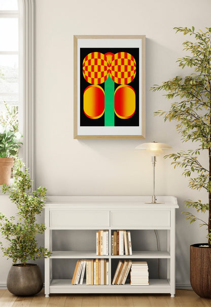 Popping Flower screenprint by PTRVRKD featuring bold geometric flower forms with red, yellow, and green stripes on a black background, limited edition graphic wall art.