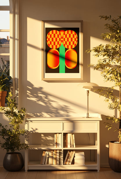 Popping Flower screenprint by PTRVRKD featuring bold geometric flower forms with red, yellow, and green stripes on a black background, limited edition graphic wall art.