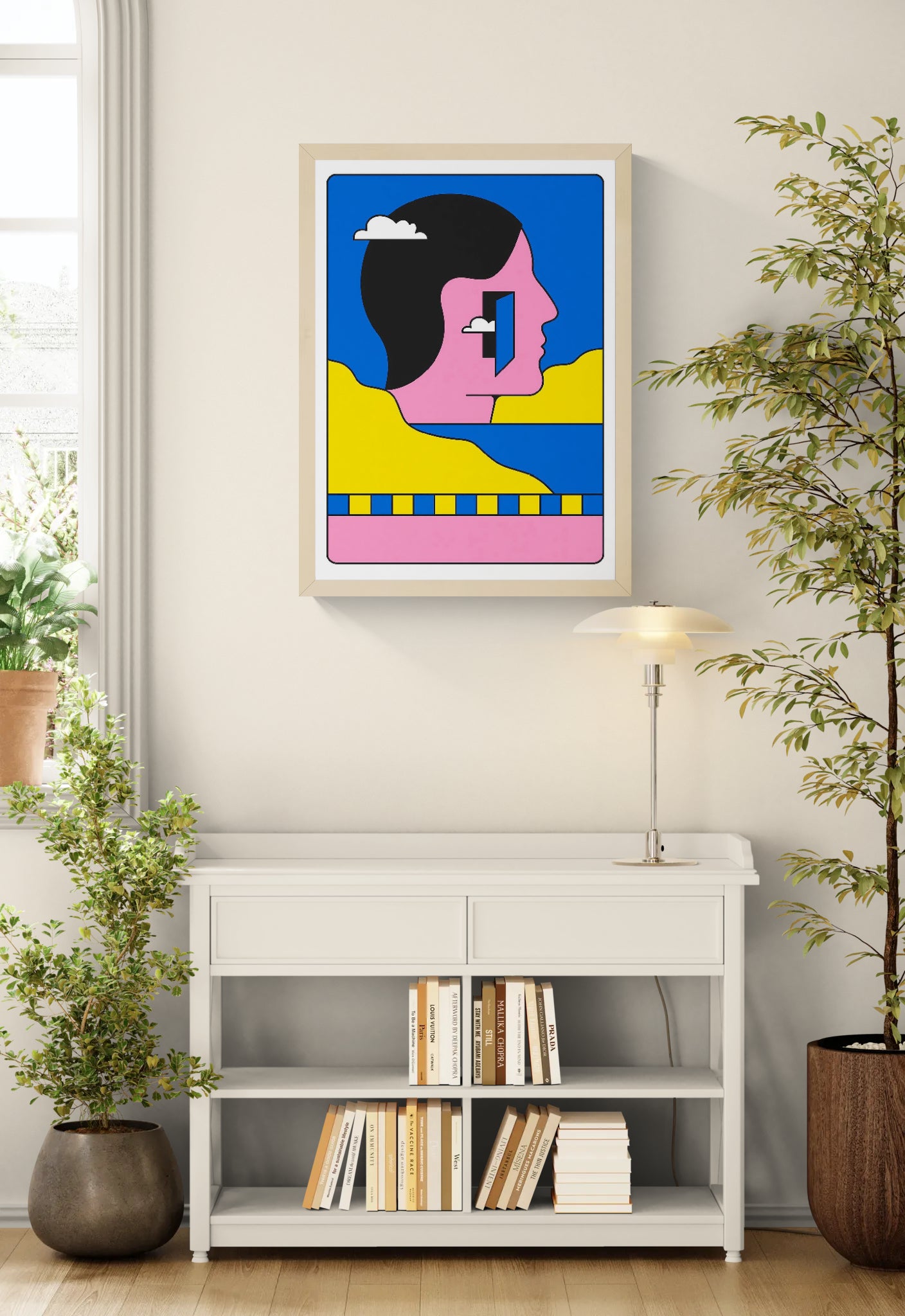 Wanderer limited silkscreen art print by PTRVRKD featuring a graphic profile portrait with bold pink, blue, and yellow shapes, hand-pulled 4-color screenprint.
