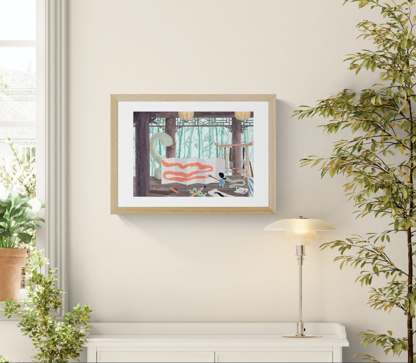 Year of the Snake by Willy Leung, a poetic giclée art print showing a child painting beside a large green snake in a calm bamboo-inspired interior, ideal for fantasy wall art, children’s room decor, and storytelling illustration lovers.