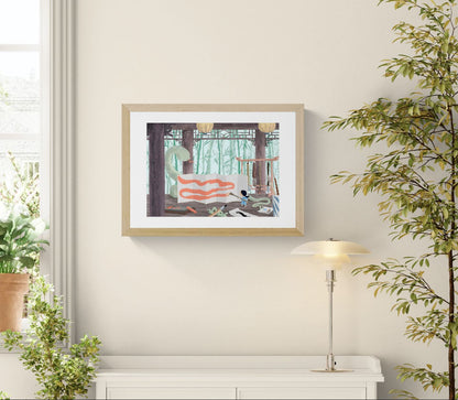 Year of the Snake by Willy Leung, a poetic giclée art print showing a child painting beside a large green snake in a calm bamboo-inspired interior, ideal for fantasy wall art, children’s room decor, and storytelling illustration lovers.