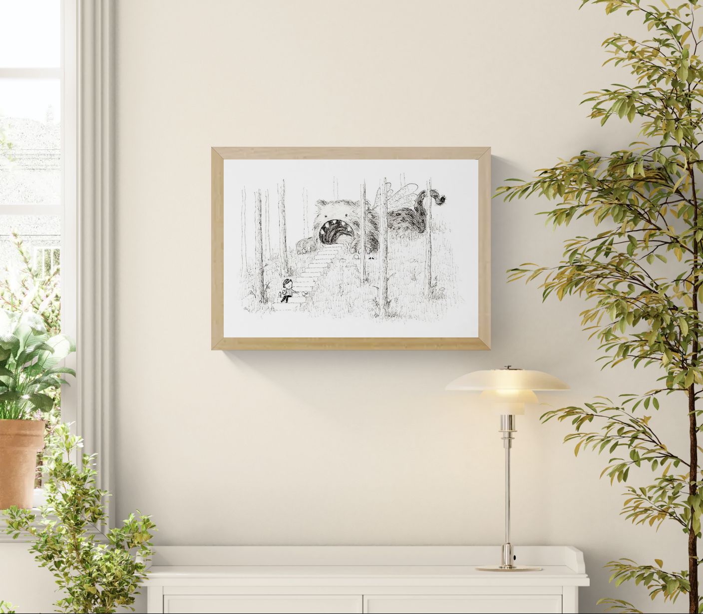 Black and white surreal illustration by Willy Leung showing a child sitting on forest stairs leading into the mouth of a giant furry creature, printed as an A4 giclée art print on Hahnemühle paper.