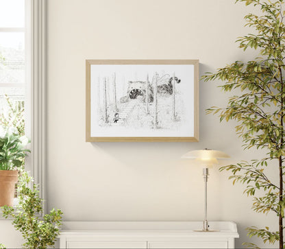 Black and white surreal illustration by Willy Leung showing a child sitting on forest stairs leading into the mouth of a giant furry creature, printed as an A4 giclée art print on Hahnemühle paper.