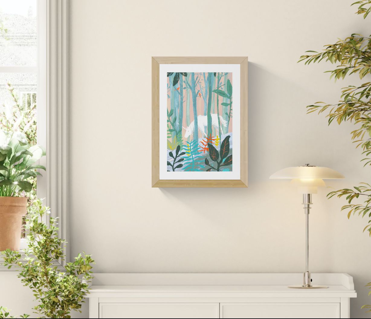 Dreamlike unicorn forest art print by Willy Leung featuring a white unicorn hidden between pastel trees and colorful plants, printed as an A4 archival giclée wall art on Hahnemühle paper.