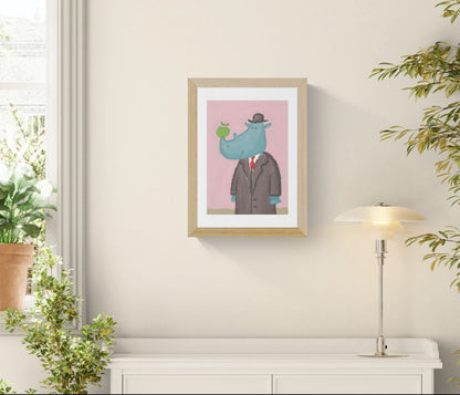 Surreal rhino illustration by Willy Leung featuring a blue rhinoceros in a formal suit and hat holding a green apple against a soft pink background, printed as an A4 archival giclée art print.
