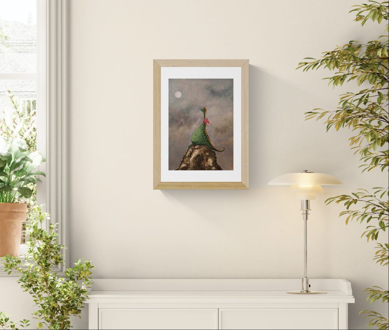 Little Dragon by Willy Leung, A4 Giclée fantasy art print showing a small green dragon on a rocky cliff under the moon, poetic wall art for dreamers and children’s rooms.