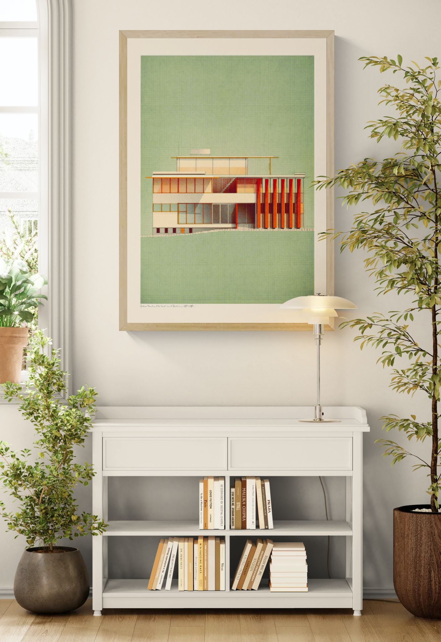 Richard Neutra VDL Studio architectural art print by Studio Sander Patelski featuring a modernist 1930s house with geometric lines, warm orange accents, and a soft green textured background, printed in a vintage-inspired mid-century modern style.