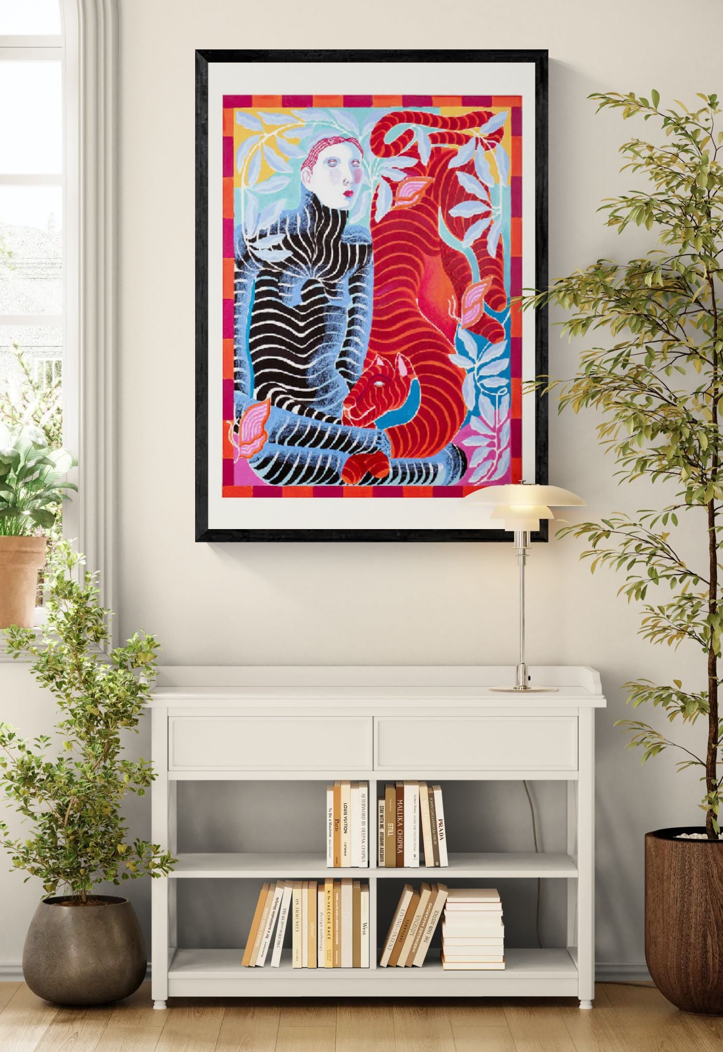 The Affair by Carla Petelski, contemporary figurative fine art print featuring a striped woman and red tiger surrounded by botanical elements in vivid pink, blue, orange, and red tones, modern symbolic wall art for contemporary interiors.