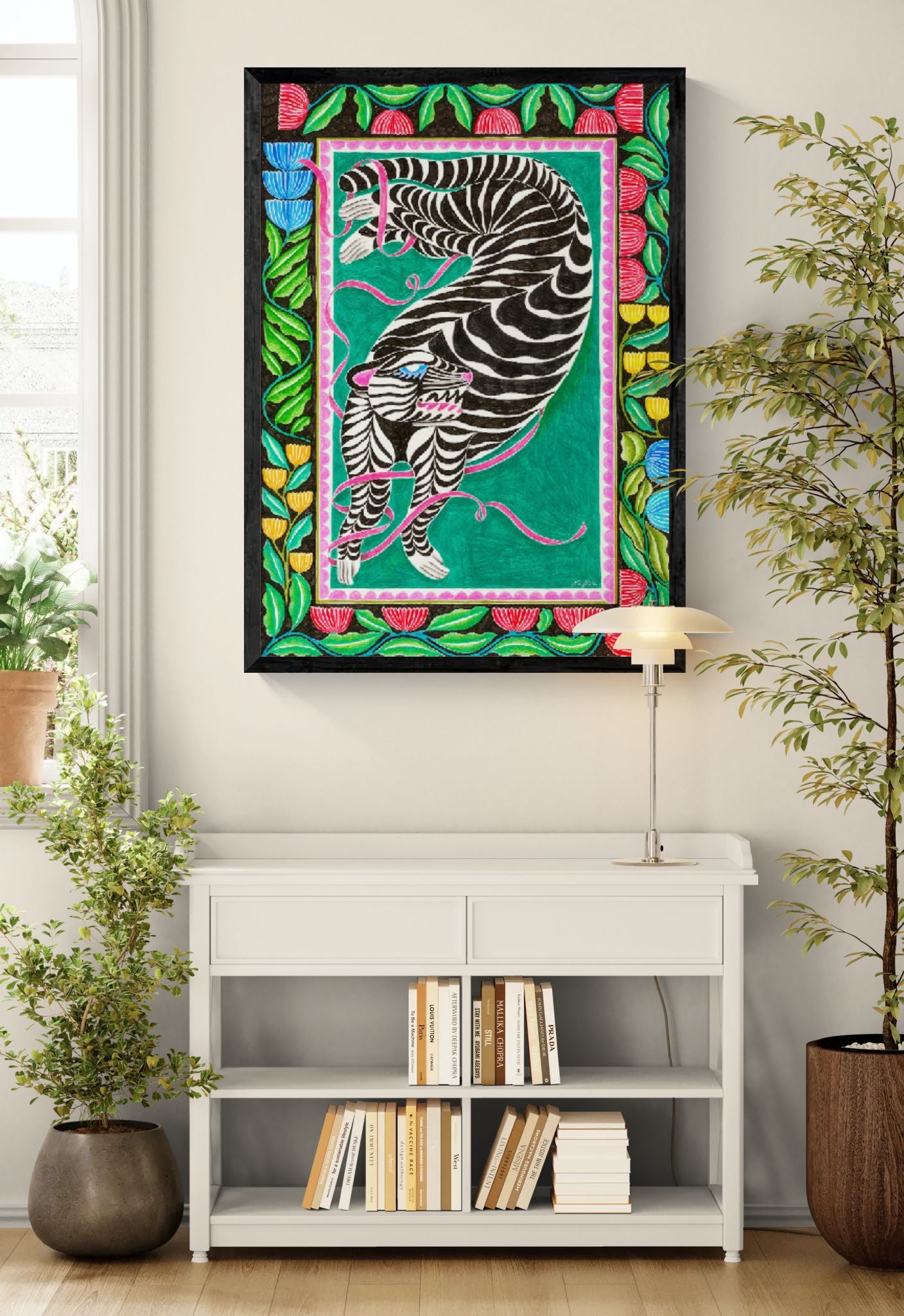 The Acrobate by Carla Petelski, colourful zebra-inspired surreal digital art print with botanical floral border and pink ribbons, contemporary wall art for eclectic interiors