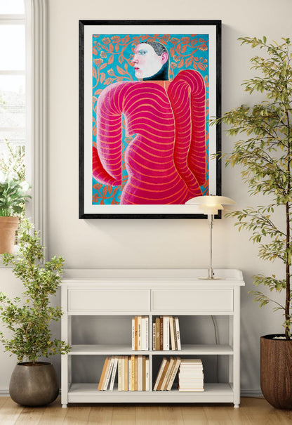 Goddess Of Flirting by Carla Petelski, contemporary figurative digital art print featuring a surreal pink striped female figure against a blue floral background, modern colourful wall art, 50 x 70 cm