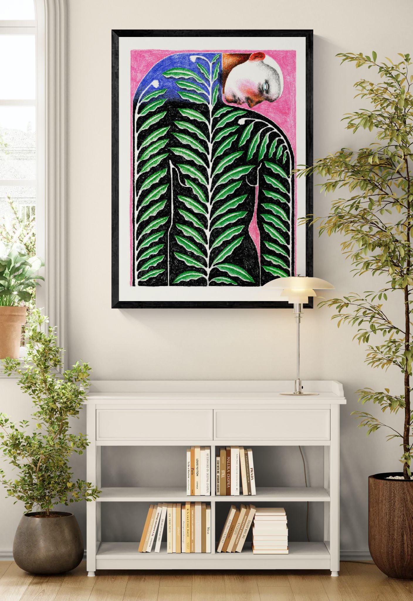 Love Grows by Carla Petelski, contemporary digital art print featuring a surreal human figure covered in green botanical leaves against a vivid pink background, expressive symbolic wall art for modern interiors
