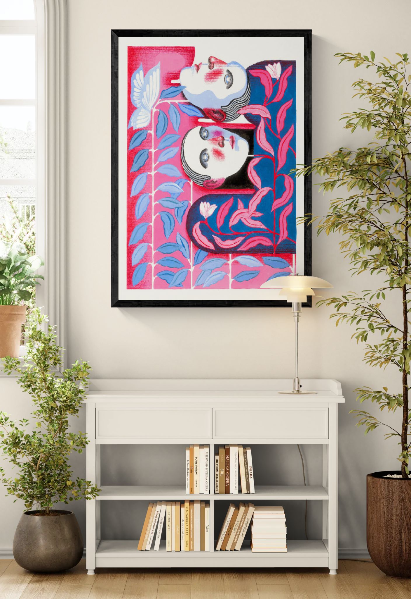 Bonding by Carla Petelski, contemporary figurative digital art print featuring two stylized faces surrounded by pink and blue botanical forms, modern emotional wall art in vibrant colors
