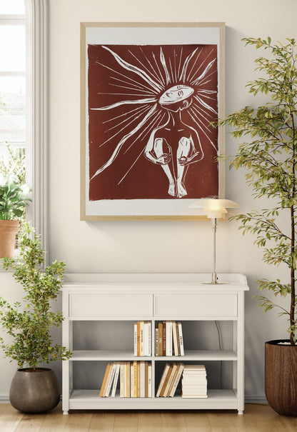 Zonnekind by Leda Vaes, large handmade brown and white linocut print featuring a seated human figure with radiant abstract sun rays extending from the head, expressive contemporary wall art on handmade paper