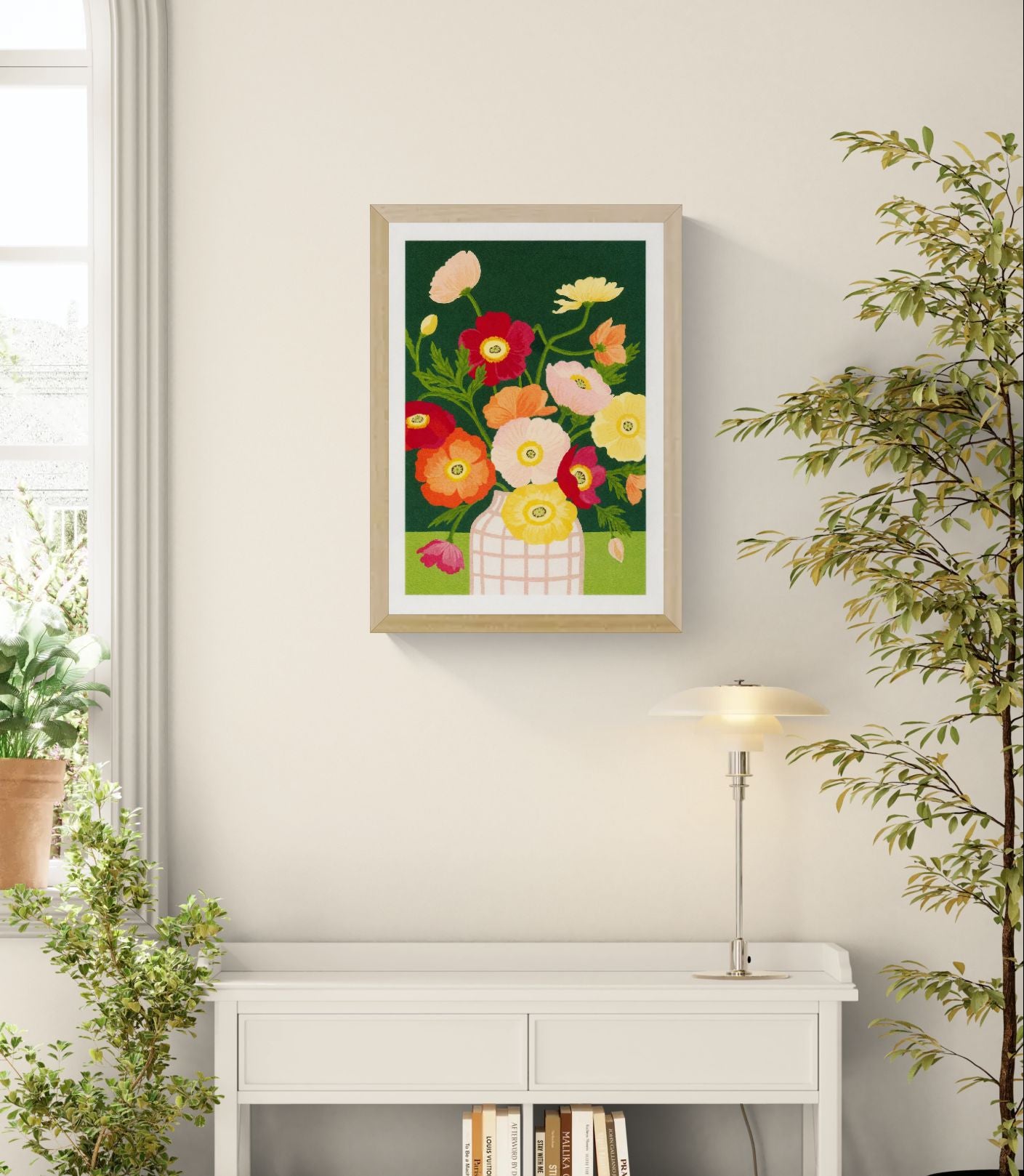 Colorful floral art print “Poppies” by Leens featuring vibrant red, pink, yellow, and orange poppy flowers in a patterned vase against a dark green background. Contemporary botanical wall art print for modern interiors.