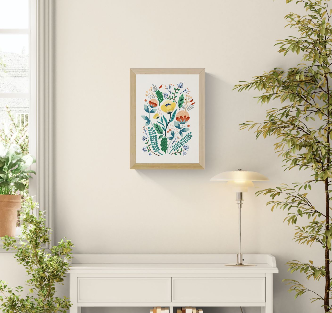 Colorful botanical art print featuring stylized flowers, leaves, and delicate branches in yellow, blue, green, and terracotta tones by Belgian illustrator Leens. Scandinavian-inspired floral wall art for modern home decor.