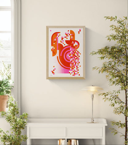 Pixel Drift 1 handmade geometric screenprint by PLUMO with bold orange, red, and pink abstract shapes, pixel-style patterns, and curved graphic elements on a soft neutral background.