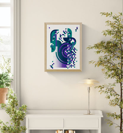 Abstract geometric handmade screenprint in teal, navy blue, and purple by PLUMO featuring pixel-inspired shapes, circular forms, and modern graphic patterns on a white background.