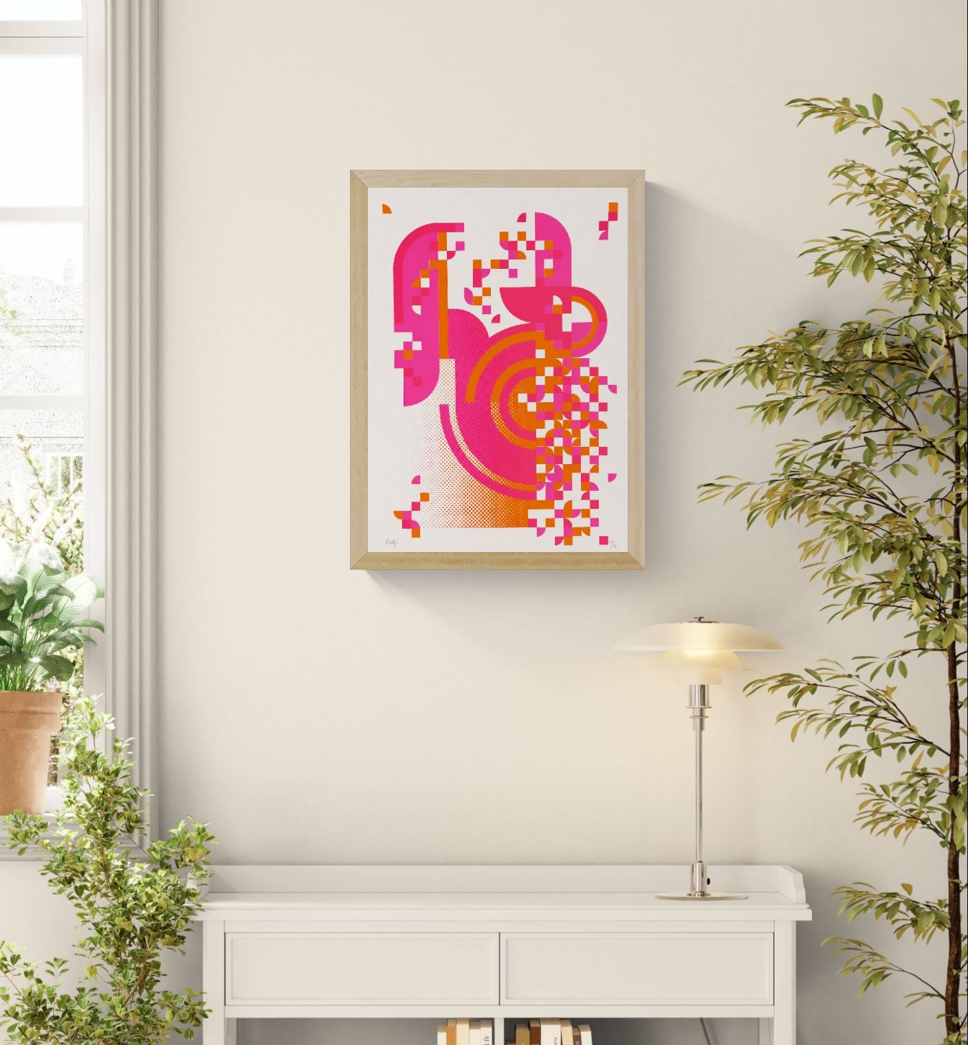 Pixel Drift 3 by PLUMO, handmade abstract screenprint in pink and orange with geometric pixel shapes, curved forms, and contemporary graphic design composition on white background.