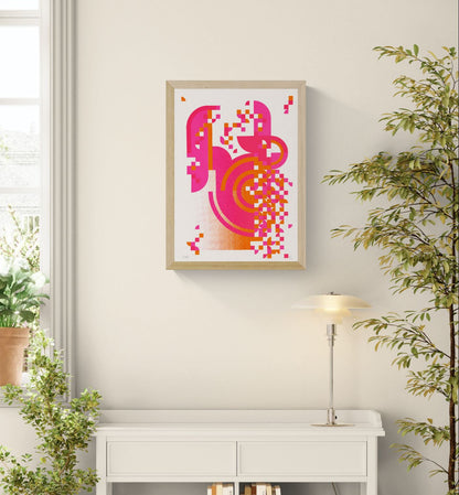 Pixel Drift 3 by PLUMO, handmade abstract screenprint in pink and orange with geometric pixel shapes, curved forms, and contemporary graphic design composition on white background.