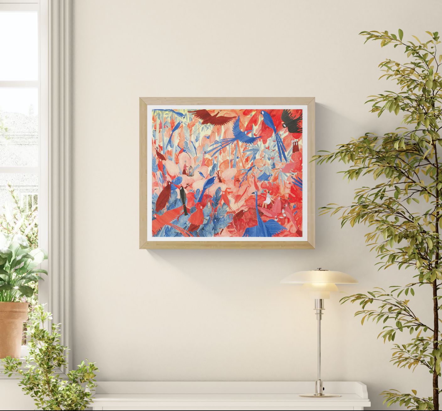 Colorful bird illustration art print by Rosalien Helsen featuring blue and red birds in a surreal aviary landscape with hidden characters, acrylic textures, and digital collage details on Hahnemühle fine art paper.