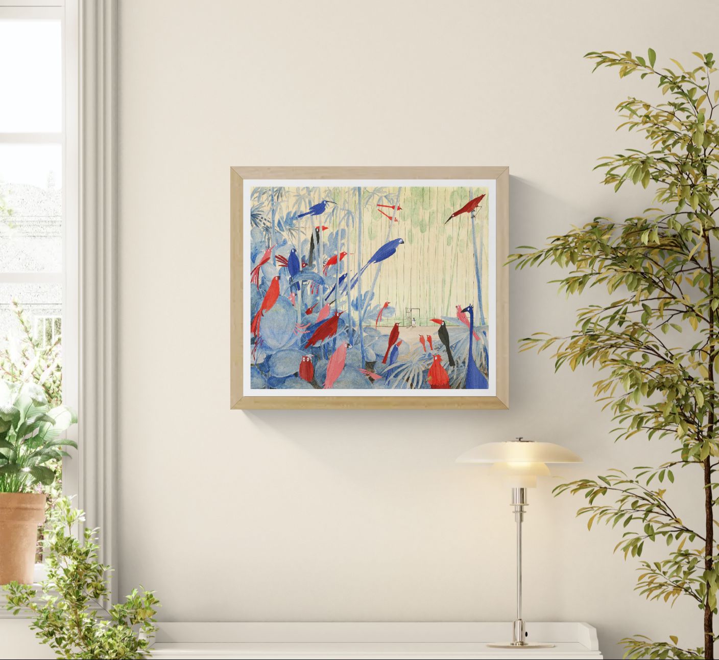 Nieuwsgierige Vogels by Rosalien Helsen, colorful bird illustration art print featuring red and blue exotic birds inside a dreamy aviary landscape with soft botanical elements and whimsical contemporary design on fine art paper.