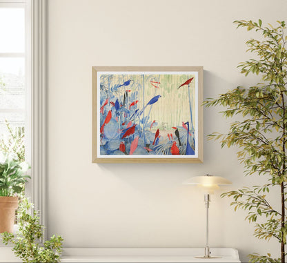Nieuwsgierige Vogels by Rosalien Helsen, colorful bird illustration art print featuring red and blue exotic birds inside a dreamy aviary landscape with soft botanical elements and whimsical contemporary design on fine art paper.
