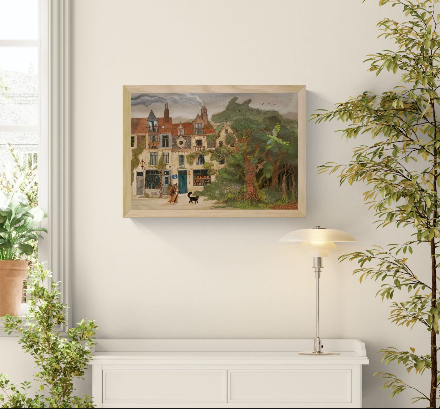 Whimsical forest and Brussels streetscape illustration by Lena Yampolski featuring historic townhouses, enchanted trees, birds, woodland creatures, and folklore-inspired details in soft green and earthy tones. Giclée wall art print for cozy home decor.