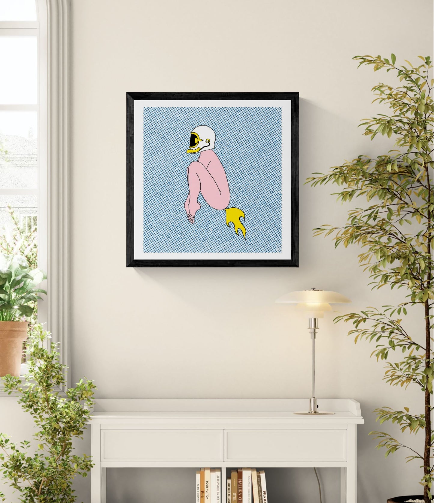 Surreal digital art print featuring a seated pink figure wearing a motorcycle helmet with a yellow rocket flame, set against a blue halftone background. Minimalist contemporary illustration with bold colors, square format wall art for modern interiors.