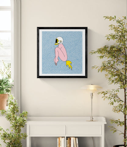 Surreal digital art print featuring a seated pink figure wearing a motorcycle helmet with a yellow rocket flame, set against a blue halftone background. Minimalist contemporary illustration with bold colors, square format wall art for modern interiors.