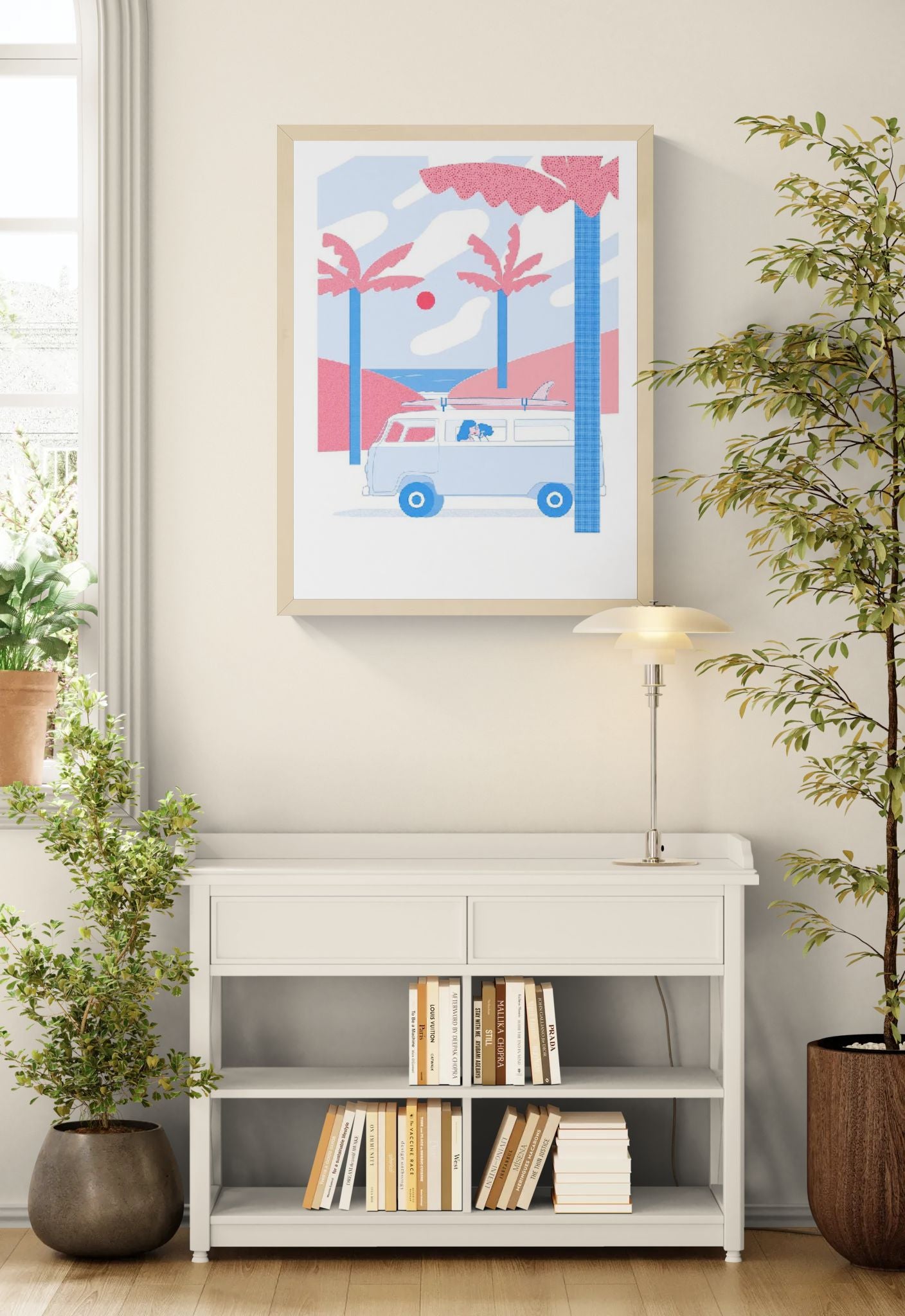 A2 risograph print by Belgian illustrator Studio Stoutpoep featuring a colorful retro campervan named Fanny, inspired by a road trip in Sardinia, printed in limited edition with eco-friendly inks.