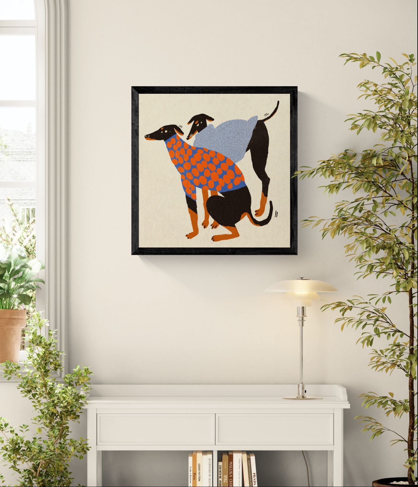 Colorful Doggos art print by Enikő Eged featuring two stylized black dogs wearing patterned sweaters in blue, orange, and grey tones on a warm neutral background, square contemporary giclée wall art for modern interiors.
