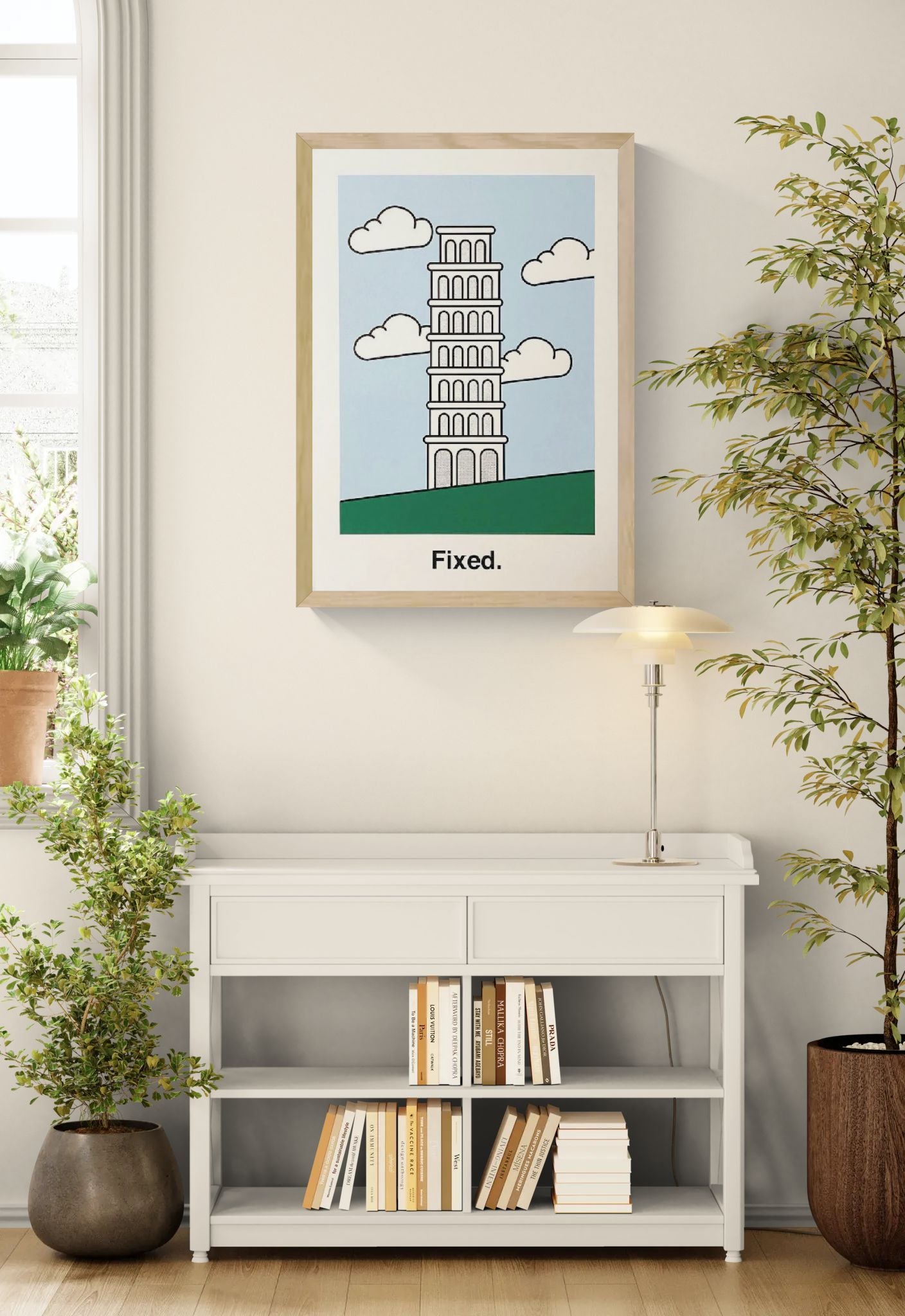 Minimalist risograph art print by Studio Stoutpoep titled “Fixed,” featuring a digitally corrected version of the Leaning Tower of Pisa standing upright against a light blue sky with clouds. A2 size, eco-friendly ink, made in Belgium.