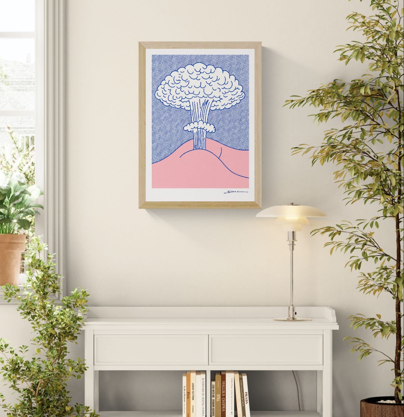 Minimalist pop-art illustration of a mushroom cloud in blue and pink tones, digital print by Studio Stoutpoep. Bold graphic lines, playful humor, vertical composition, ideal for modern wall art and contemporary home decor.