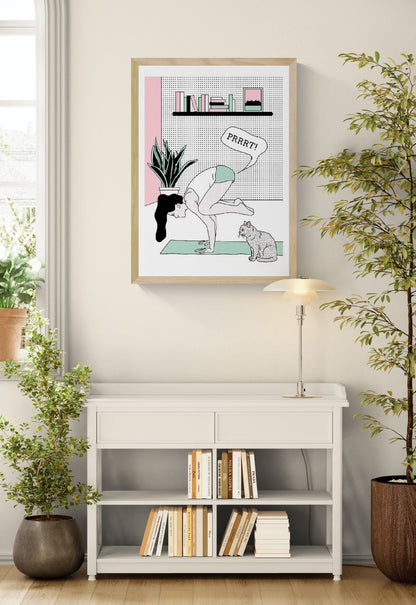 Limited-edition screen print showing a woman balancing in a yoga pose while a cat watches and a comic speech bubble adds humor. Minimalist pop-art style in pastel pink, mint green, black, and white. Vertical silkscreen wall art for modern home decor.