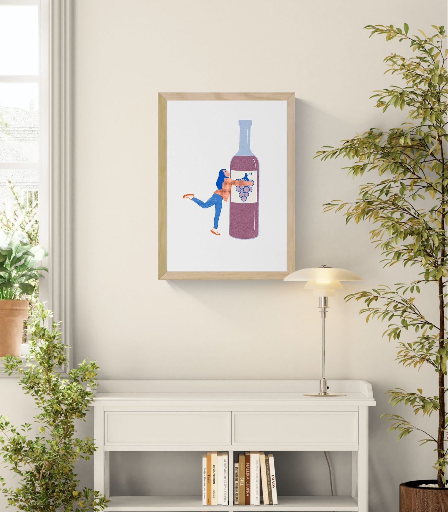 Playful risograph art print featuring a woman hugging a large wine bottle, illustrated in a bold graphic style with blue, red, and purple tones on a light background. Vertical A3 wall art ideal for kitchens, dining rooms, wine lovers, and contemporary home decor.