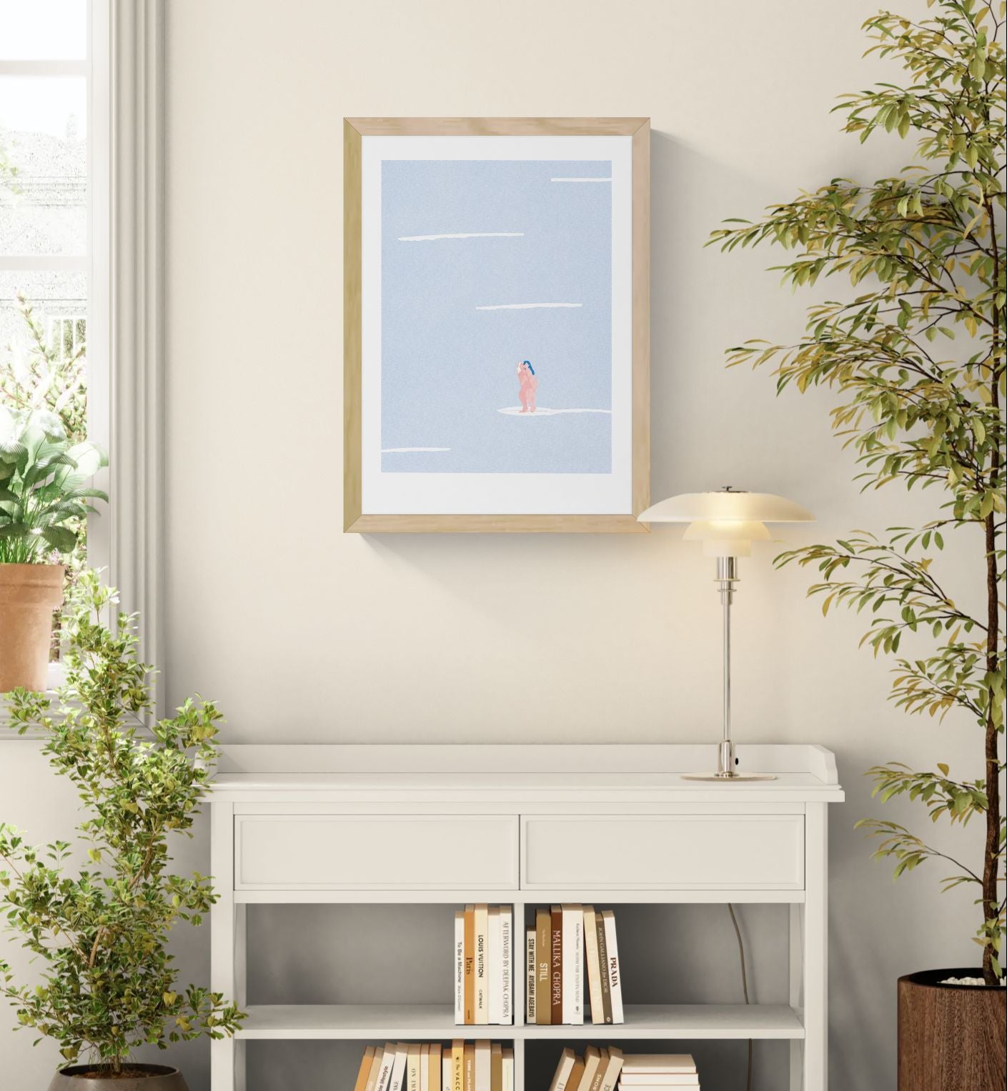 Minimalist risograph art print featuring two nude female figures standing together on a white surf-like shape in a pale blue textured landscape, soft pink and blue tones, portrait orientation, contemporary wall art for modern interiors.